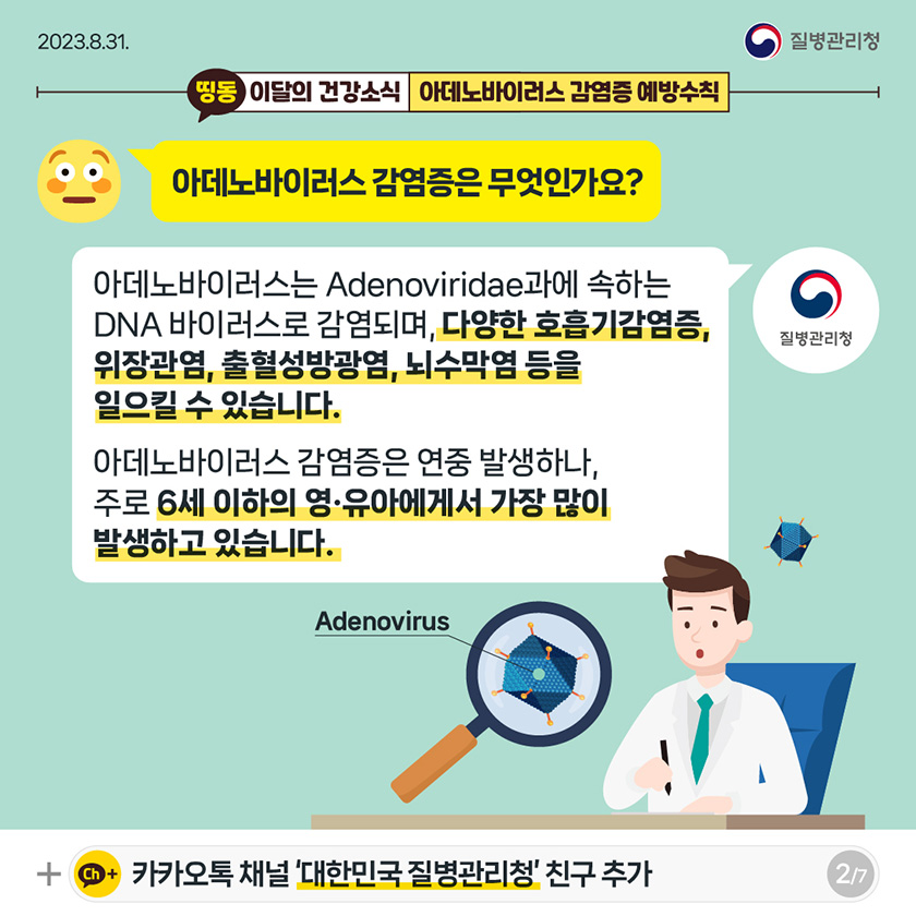 [2023년 8월 31일 질병관리청] 띵동 이달의 건강소식 아데노바이러스 감염증 예방수칙. 아데노바이러스 감염증은 무엇인가요? 아데노바이러스는 Adenoviridae과에 속하는 DNA 바이러스로 감염되며, 다양한 호흡기감염증, 위장관염, 출혈성방광염, 뇌수막염 등을 일으킬 수 있습니다. 아데노바이러스 감염증은 연중 발생하나 주로 6세 이하의 영유아에게서 가장 많이 발생하고 있습니다. [7페이지 중 2페이지]